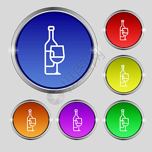 酒瓶和酒杯图标标志 明亮的彩色按钮上的圆形符号 韦克托图片