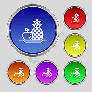 带有菠萝苹果图标符号的水果 在亮彩色按钮上的圆形符号 矢量图片