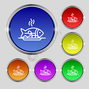 热鱼烧烤图标标志 明亮的彩色按钮上的圆形符号 韦克托图片
