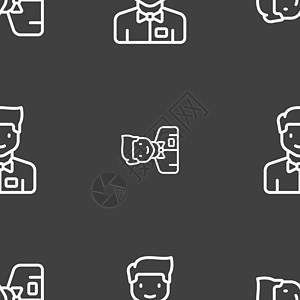 服务员图标标志 灰色背景上的无缝模式 韦克托卡通片餐厅互联网职员丫头托盘男人服务器标签插图图片