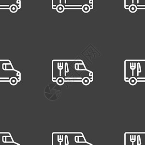 食品卡车图标标志 灰色背景上的无缝模式 韦克托送货摩托车标识午餐男人导游小吃餐厅运输骑术图片