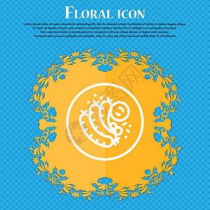 香肠 烤的 带有叉子图标标志 蓝色抽象背景上的花卉平面设计 并为您的文本放置了位置 向量图片