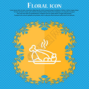 烧烤 鸡肉 肉类 烧烤 香料图标标志 蓝色抽象背景上的花卉平面设计 并为您的文本放置了位置 向量图片