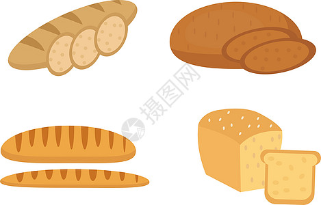 面包 法式长棍面包 面包套装 烘焙产品系列 平面设计 白色背景上孤立 矢量插图 剪贴画图片