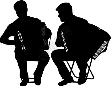 两个音乐家 bayan 在白色它制作图案上的剪影欢乐民间手臂农民乐器男性口琴活力成人键盘图片