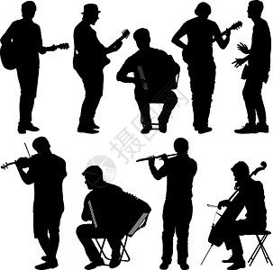 剪影街头音乐家演奏乐器 它制作图案矢量中提琴热情音乐成人乐队歌曲男性插图音乐会细绳图片