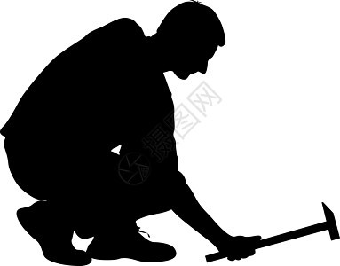 剪影男子用锤子在白色它制作图案图片