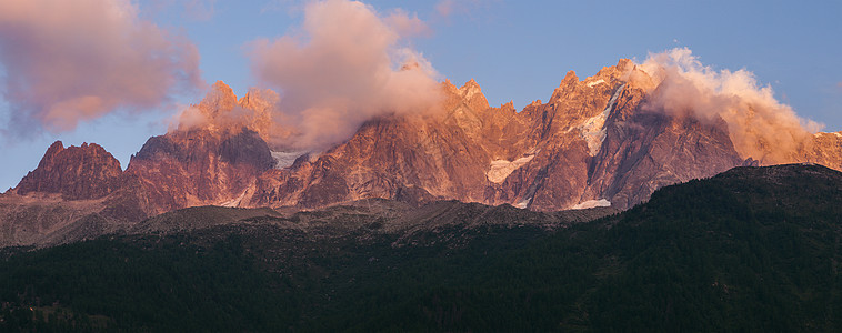 查莫尼克斯地区阿尔卑斯山峰旅行高度天际全景红色天空蓝色建筑冰川日落图片