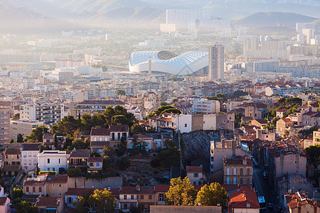 马赛建筑结构     空中观察蓝色体育场街道旅行市中心天空天线景观全景建筑学图片