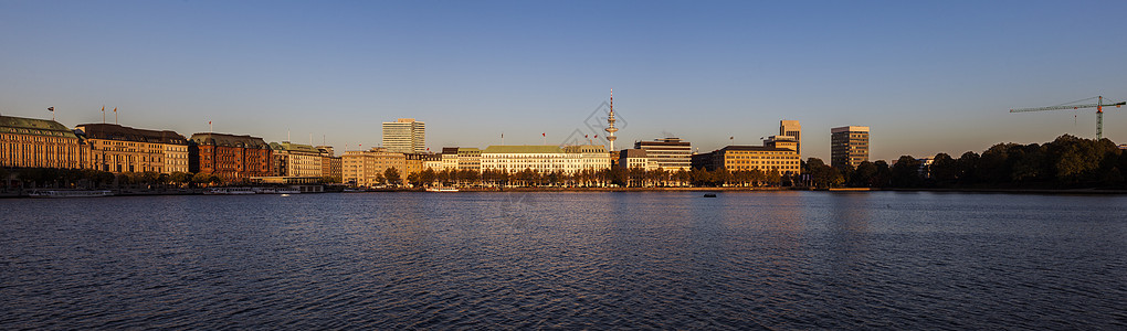 汉堡的书目城市景观旅行房子全景日出建筑池塘市中心反射图片