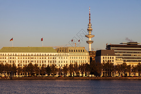 汉堡的书目反射建筑学旅行地标市中心喷泉天际池塘城市图片