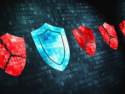 数字背景上的隐私概念盾牌别针蓝色监视器保卫数据网络安全警报像素化裂缝图片