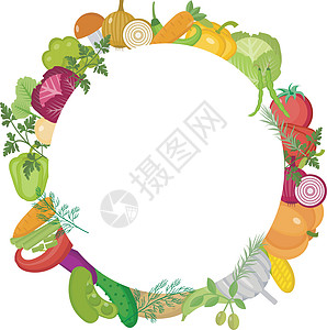 红烧茄子带有文本空间的蔬菜圆框 平面样式 孤立在白色背景上 健康的生活方式 素食主义者 素食 生食 矢量图插画