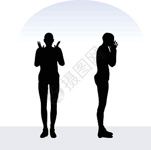 在白色背景上摆出愤怒姿势的女人阴影黑色冒充插图剪影衬衫蜡质图片