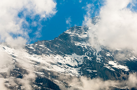 伯尔尼奥伯兰 阿尔卑斯山的瑞士山脉高山蓝色场景风景薄雾岩石悬崖冰川旅行全景图片