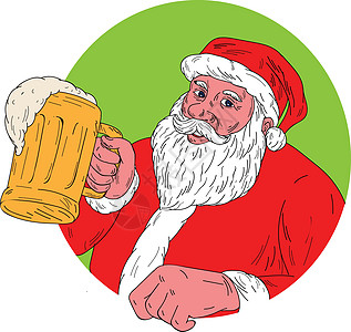 圣诞老人饮啤酒绘画胡须艺术品饮料胡子墨水手工酒精插图微笑帽子图片
