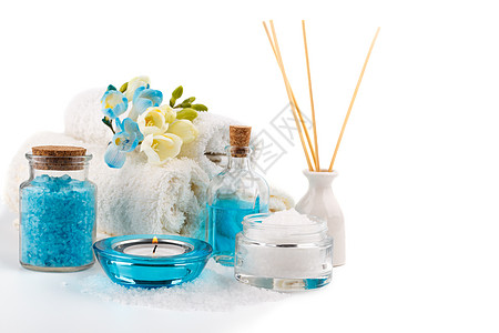 垃圾与健康环境芳香卫生香气蓝色毛巾蜡烛白色疗法淋浴化妆品图片