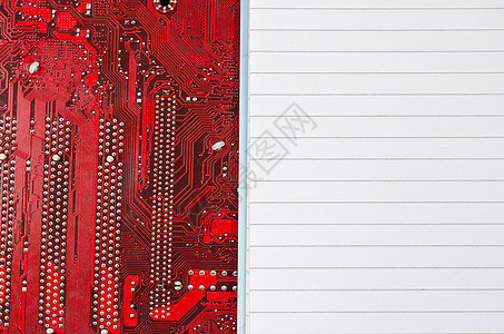 红色旧的肮脏计算机电路板和文字位置技术硬件电路芯片微电路控制器备忘录记忆电脑字节图片