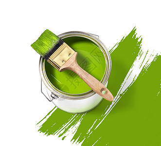 绿色油漆锡罐装白色背景上顶部刷笔图片