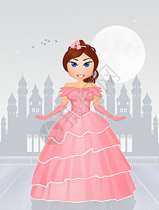 美丽的公主插图女孩王国快乐女性裙子女王女士粉色城堡图片