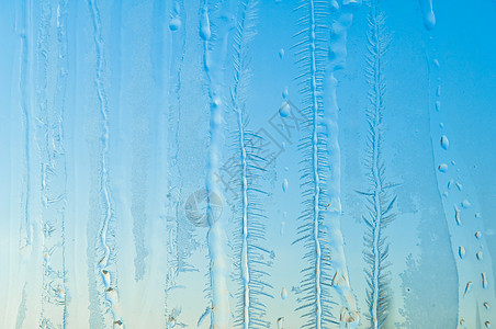 冰霜玻璃窗玻璃上的冰花和霜冻模式纹理窗户冻结磨砂水晶蓝色图片