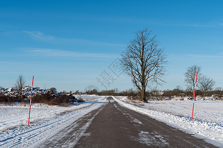 带雪桩的白雪乡村公路图片