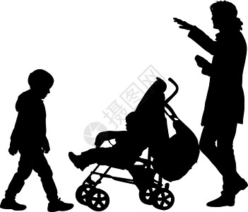 黑色剪影家庭与婴儿车在白色背景 它制作图案矢量母亲喜悦父母儿子自由女孩女性行动女儿越野车图片