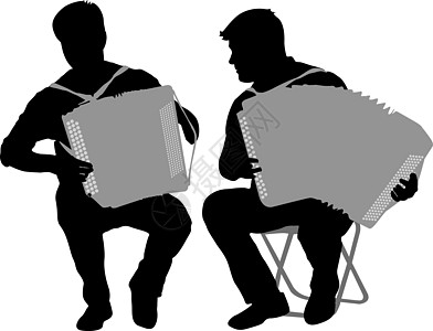 两个音乐家 bayan 在白色它制作图案上的剪影男性手指口琴艺术成人钢琴演奏家音乐竖琴手风琴图片
