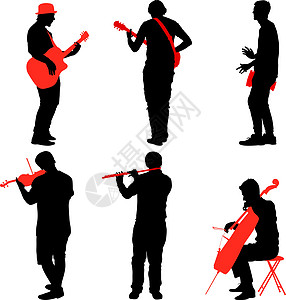 剪影街头音乐家演奏乐器 它制作图案矢量中提琴音乐交响乐成人吉他大提琴手歌曲艺术小提琴男人图片