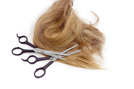 两个理发师剪剪刀 在一连串头发的背景之下工具吸引力护理牙齿发型魅力梳子卷发理发专用图片