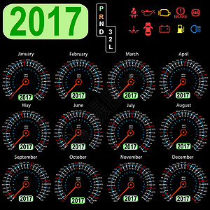 2017 年日历车速表车在 vecto仪表海浪商业天气汽车里程表数字插图图片