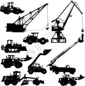 一套剪影工程机械 它制作图案矢量车轮运输建筑加载拖拉机压实机推土机装载机挖掘机材料图片