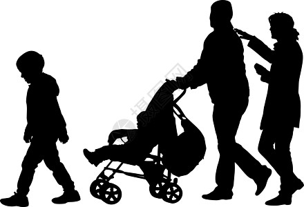 黑色剪影家庭与婴儿车在白色背景 它制作图案矢量幸福草地乐趣儿子越野车女孩夫妻女士自由男生图片