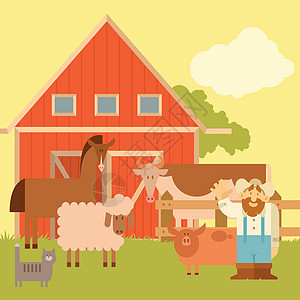 带有扁平动物的农场横幅房子谷仓母鸡幸福收藏场景山羊卡通片野生动物奶牛图片
