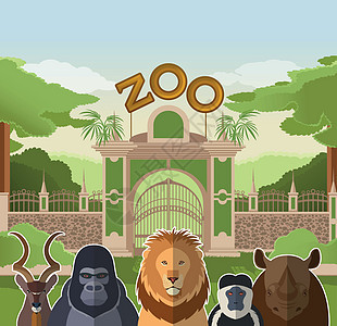 有非洲扁平动物的动物园大门篮子评书绘画女性危险童年孩子树木乐趣骑术图片
