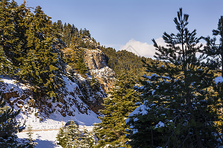 希腊南佩罗蓬涅斯 西里亚山冬日被雪覆盖风景天空旅游季节高山滑雪晴天旅行云杉场地图片