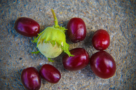 沥青时的红红红莓和绿桃子宏观脆皮红色坚果季节性场地榛子庆典小吃棕色图片
