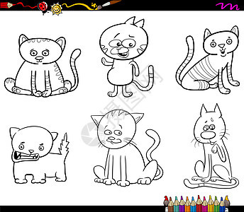 猫字符着色页卡通片幼儿园猫科绘画动物小猫工作宠物黑与白漫画图片