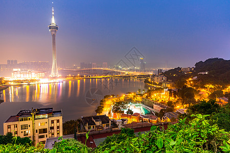 澳门塔反射蓝色景观场景市中心建筑天际天空城市建筑学图片