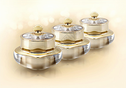 闪光背景上的金色皇冠化妆品罐纤维桌子洗剂雕刻瓶子圆圈雕塑玻璃血清金子图片