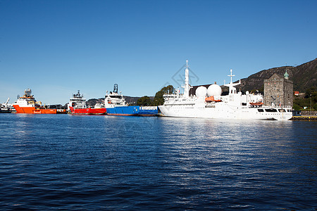 挪威卑尔根缆车峡湾日光目的地阳光蓝色棕色海洋运输时间图片