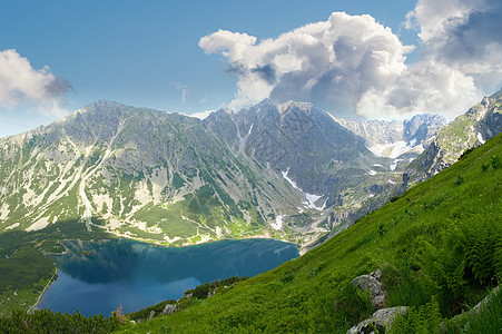 山地湖与山坡和天空相对石头地块远足地貌山地岩石露头季节积雪松树图片