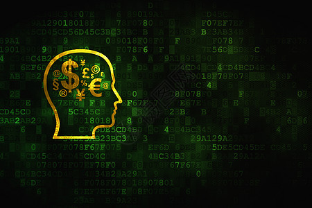 广告概念头与数字背景上的金融符号电脑头脑产品屏幕思考推广战略市场展示货币图片