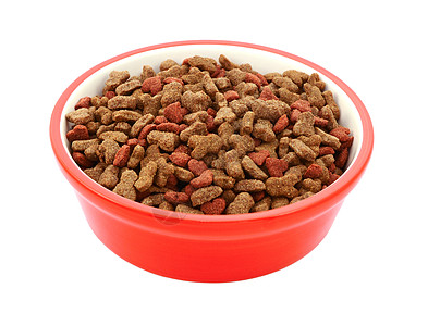 红宠物食物碗中的干猫饼干图片