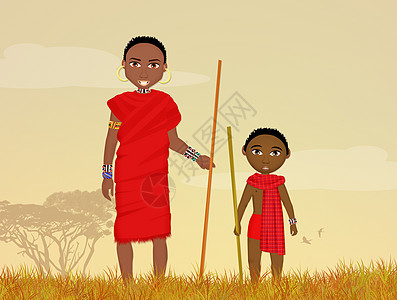 Masai 男子与儿童男人婴儿红色插图部落孩子丛林文化黑色爆炸图片
