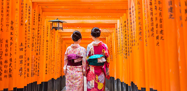 伏伊纳里祠日本京都神社红木托里门两座艺妓背景