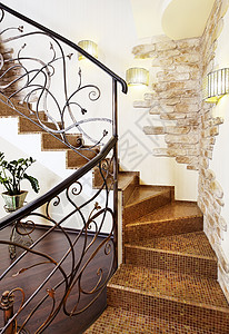 古典马赛克高楼梯 在走廊配有装饰性扶手图片
