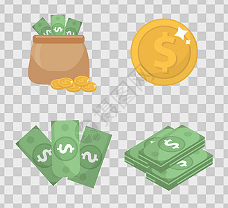 货币和硬币设置图标平板样式 在透明背景上隔开 矢量图解图片