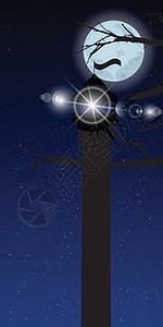 天空垂直方向月亮树夜灯塔图片