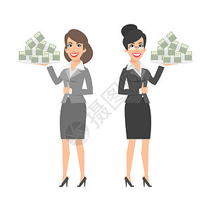 两个女商务人士拿着托盘和钱图片